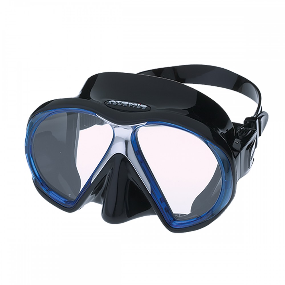 Atomic Aquatics SubFrame ARC scuba mask with black skirt and blue lens trim
