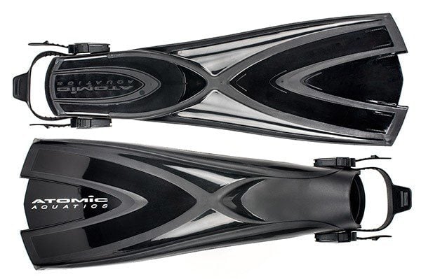 Black Atomic Aquatics X1 BladeFin scuba fins with distinctive X-shaped blade design